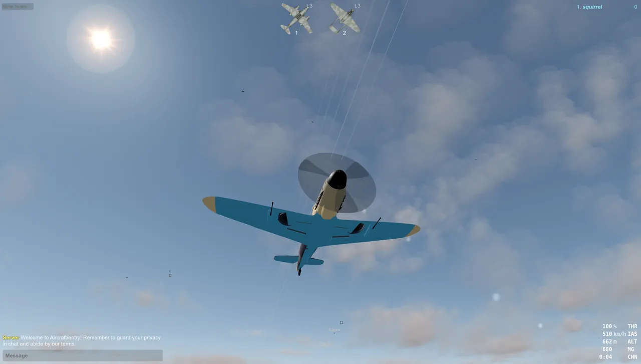 Turnfight gameplay: a blue fighter plane climbing through the clouds toward the sun